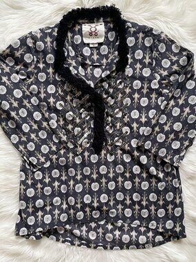 Figue Charcoal Gray Beige Livia Paisley Bohemian Cotton ¾ Sleeve Blouse